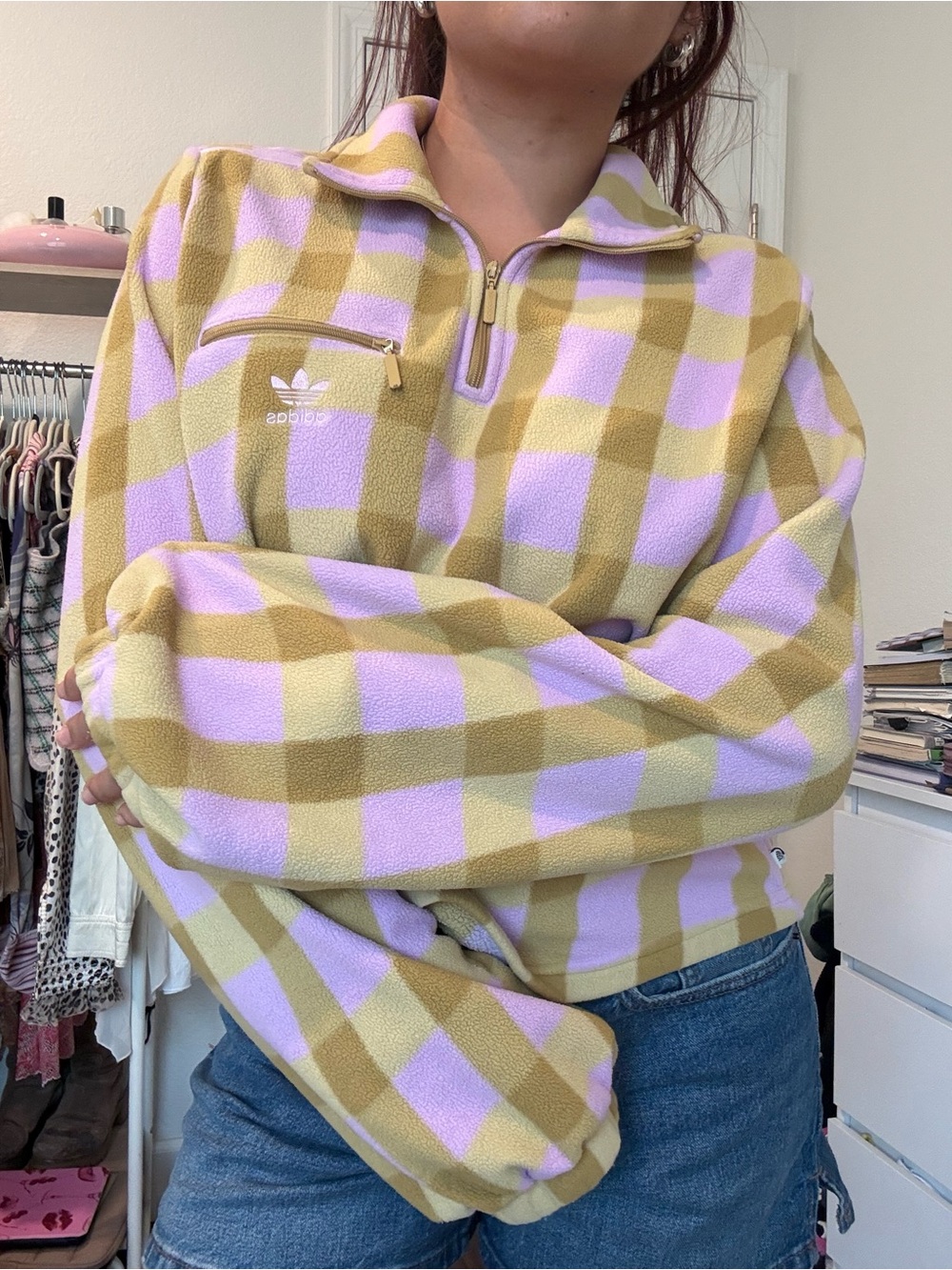 adidas Lavender & Mustard Check Half-Zip Fleece